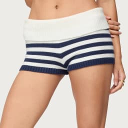 Women y2k Vintage Striped Knitted Mini Shorts Fold Over Elastic Waist Micro Shorts Crochet Loungewear Bottom Pjs Boyshorts
