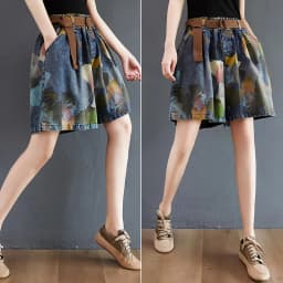 9021 Vintage Printing Denim Shorts for Women Summer Fashion Elastic Waist Loose Casual A-line Comfortable Half Length Pants