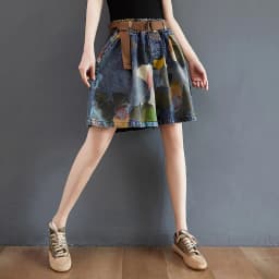 9021 Vintage Printing Denim Shorts for Women Summer Fashion Elastic Waist Loose Casual A-line Comfortable Half Length Pants