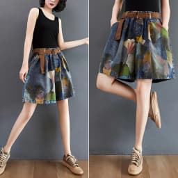 9021 Vintage Printing Denim Shorts for Women Summer Fashion Elastic Waist Loose Casual A-line Comfortable Half Length Pants