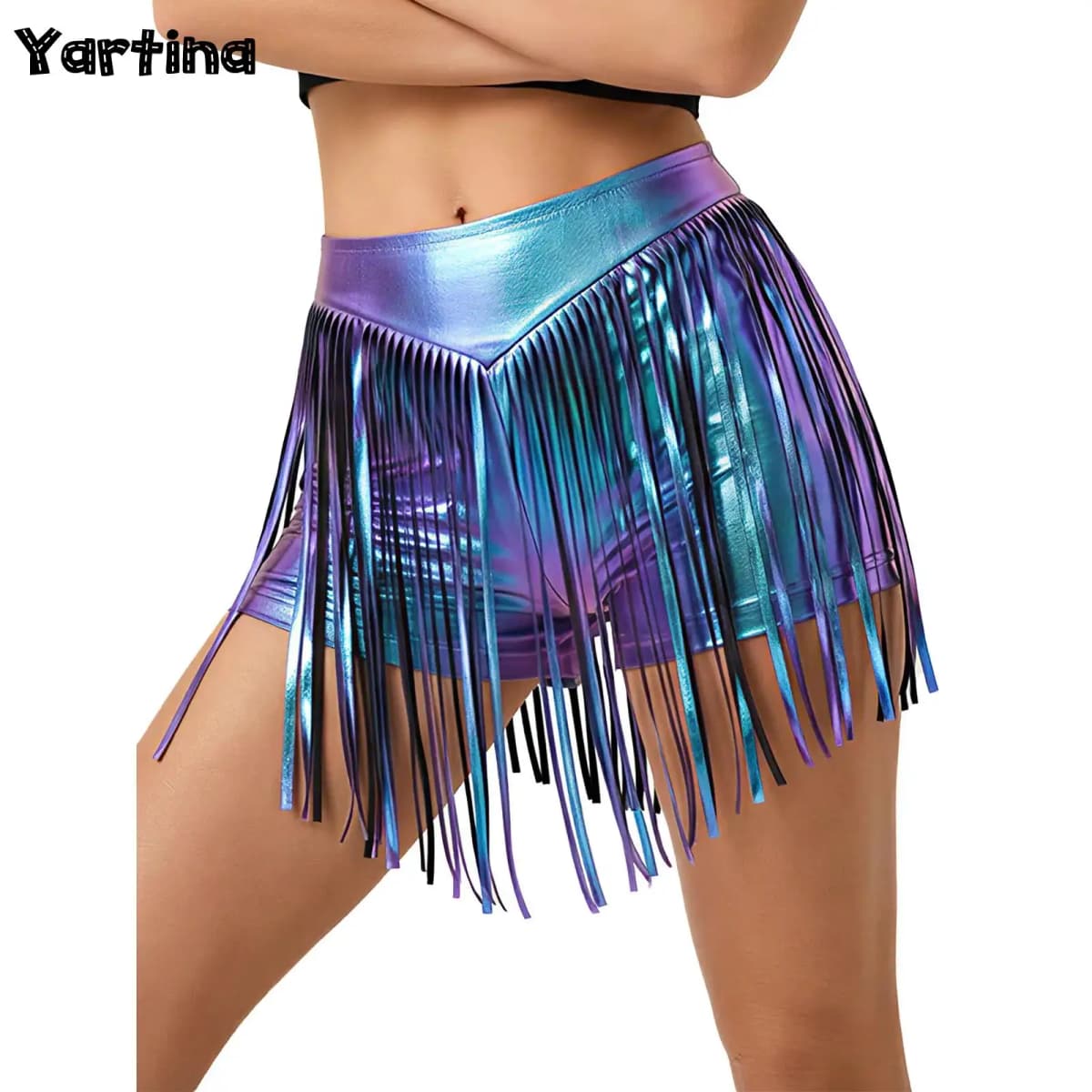 Womens Iridescent Metallic Hot Pants with Tassel High Waist Fringed Booty Shorts Cheeky Shorts Stage Dance Jazz Rock Clubwear