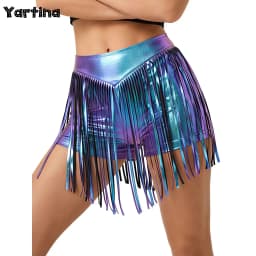 Womens Iridescent Metallic Hot Pants with Tassel High Waist Fringed Booty Shorts Cheeky Shorts Stage Dance Jazz Rock Clubwear