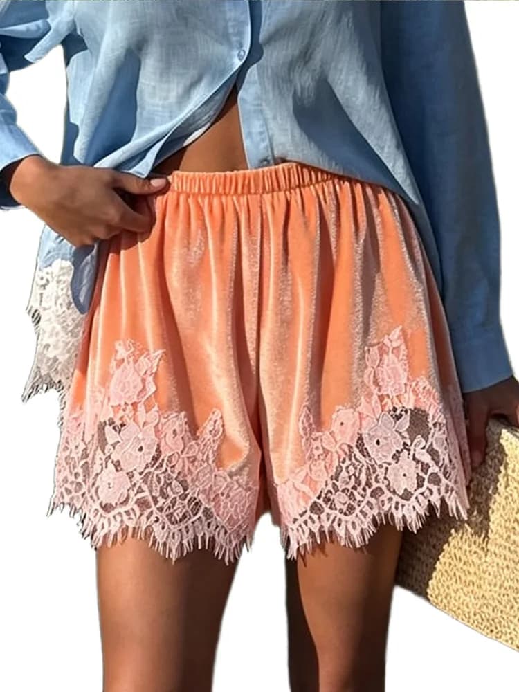 Women's Shorts Velvet Patchwork Lace See Hollow Out Irregular Hem Loose Shorts Charming Female Elastic High Waist Loungewear New
