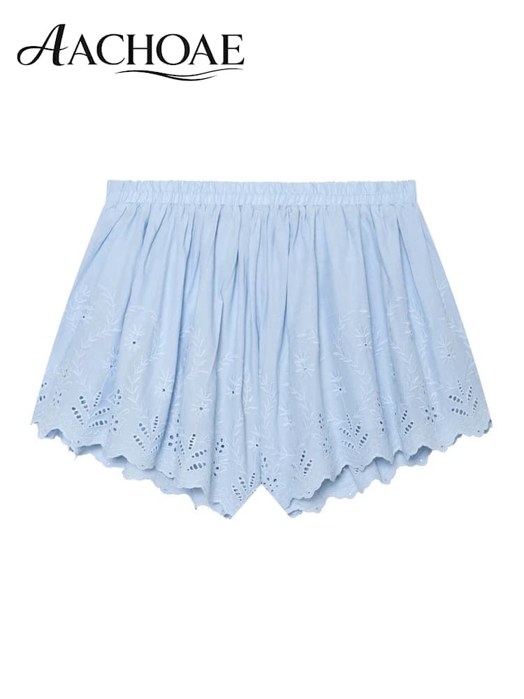 AACHOAE Women Boho Eyelet Embroidered Cotton Shorts High Waist Elastic Waist Scallop Hem Beach Shorts Casual Summer Bottoms