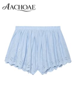 AACHOAE Women Boho Eyelet Embroidered Cotton Shorts High Waist Elastic Waist Scallop Hem Beach Shorts Casual Summer Bottoms