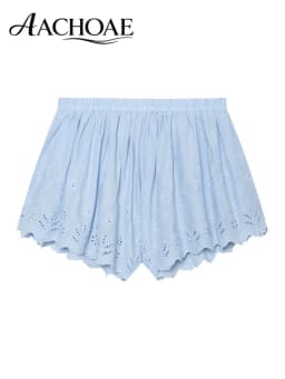 AACHOAE Women Boho Eyelet Embroidered Cotton Shorts High Waist Elastic Waist Scallop Hem Beach Shorts Casual Summer Bottoms
