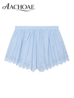 AACHOAE Women Boho Eyelet Embroidered Cotton Shorts High Waist Elastic Waist Scallop Hem Beach Shorts Casual Summer Bottoms