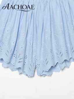 AACHOAE Women Boho Eyelet Embroidered Cotton Shorts High Waist Elastic Waist Scallop Hem Beach Shorts Casual Summer Bottoms