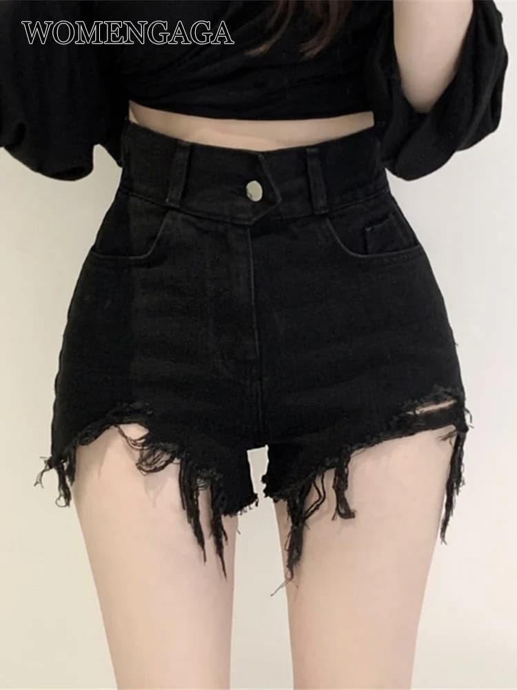 WOMENGAGA 2021 New Korean High Waist Thin Drawing Hole Tassel Solid Color Denim Shorts Trend Women Hot Sexy Black Shorts N9O3