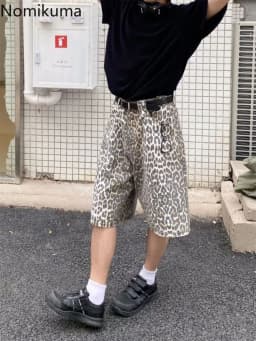 Retro Leopard Print Denim Shorts for Women New Bottoms Streetwear Fashion Casual Y2k Wide Leg Pants Pantalones Cortos De Mujer