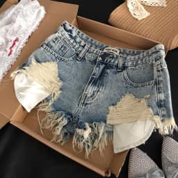 Ripped Jeans Shorts Women's Retro Pockets Fringed Rough Edge Design Y2k Slim-fit Hip-wrapped Super Short Hot Pants