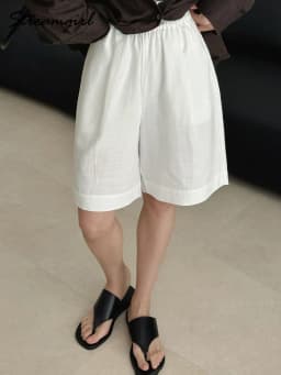 Summer White Bermuda Shorts For Women Loose A Line Lyocell Long Shorts Baggy Lady High Waist Women's Navy Wide Leg Shorts Cotton
