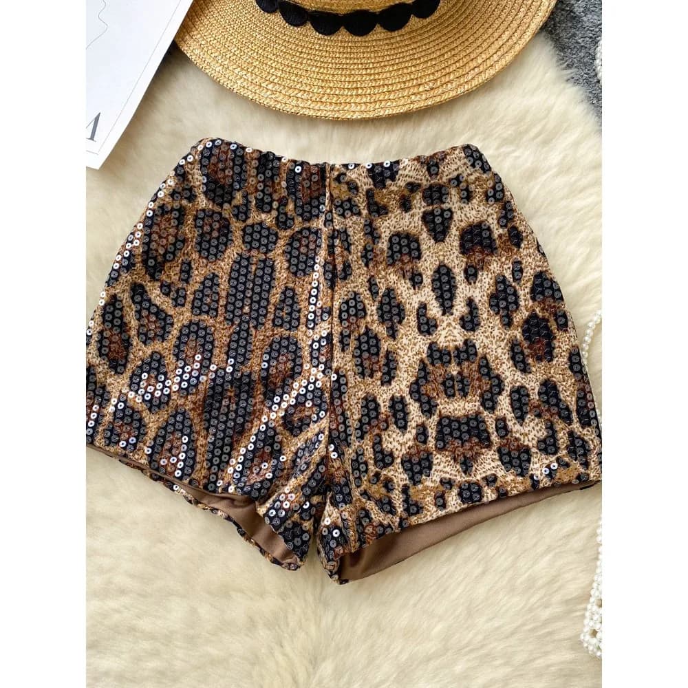 Basics Vintage sexy Chic leopard sequin Short Pants Hotsweet Fashion Streetwear Club High Street Women Casual Clothing