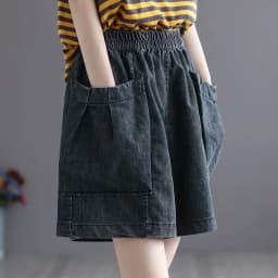 Vintage Jeans Shorts Women Summer Floral Embroidery Elastic High Waist Denim Shorts Design Wide Leg Trousers Blue Black Shorts