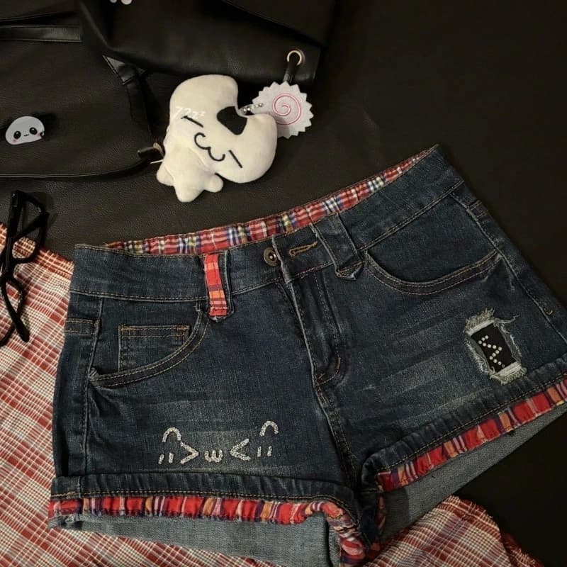 Y2k Low-waist Plaid Patchwork Jeans for Women All-match Sexy Bodycon Hot Short Pants 2026 Summer New Blue Denim Shorts