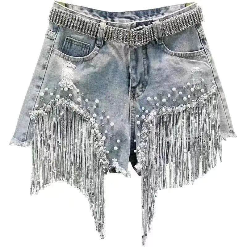 Women High-Waisted Rhinestone Pearl Fringe Denim Shorts Light Wash Distressed Design with Sparkly Tassel Trim Shorts