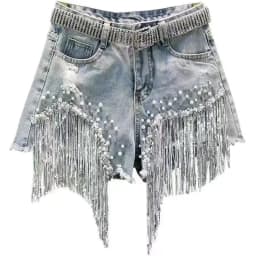 Women High-Waisted Rhinestone Pearl Fringe Denim Shorts Light Wash Distressed Design with Sparkly Tassel Trim Shorts