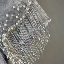 Women High-Waisted Rhinestone Pearl Fringe Denim Shorts Light Wash Distressed Design with Sparkly Tassel Trim Shorts