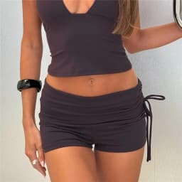 Women High Waist Fold Over Shorts Side Drawstring Ruched Skinny Booty Biker Shorts Casual Y2K Workout Streetwear Bottoms