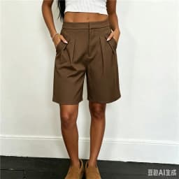 Retro Pleated Knee Length Suit Shorts Ladies High Rise Zipper Fly Side Pocket Loose Fit Daily Streetwear Bermudas