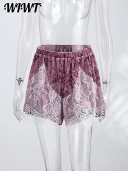 Lace Splicing Velvet Women's Short Pants 2026 Summer New Loose Elastic Waist High-waisted Mini Shorts Female Fashion Streetwear