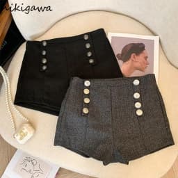 Vintage Woolen Shorts for Women High Waist Double-breasted Pants 2025 New Bottoms Temperament Thicked Pantalones Cortos De Mujer