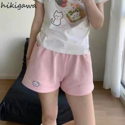 Cat Embroidery Shorts Women's Cute Japanese Summer Sweet Wide Leg Pants Pantalones Cortos De Mujer Casual Fashion Short Mujer