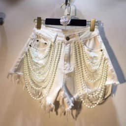 Trendy Women's Spliced Heavy Industry Pearl Chain Denim Shorts 2026 Summer High Waist A-line Short Pants Female Denim Shorts