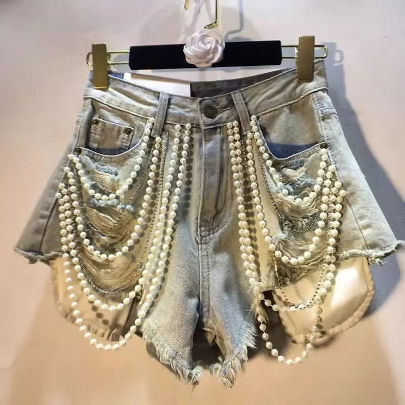 Trendy Women's Spliced Heavy Industry Pearl Chain Denim Shorts 2026 Summer High Waist A-line Short Pants Female Denim Shorts
