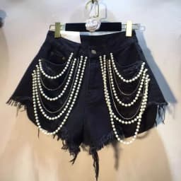 Trendy Women's Spliced Heavy Industry Pearl Chain Denim Shorts 2026 Summer High Waist A-line Short Pants Female Denim Shorts