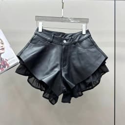 High Waist Women Sheepskin Genuine Leather Shorts Fashion Patchwork Wide Leg Mini Trousers Ladies Nightclub Party Sexy Shorts