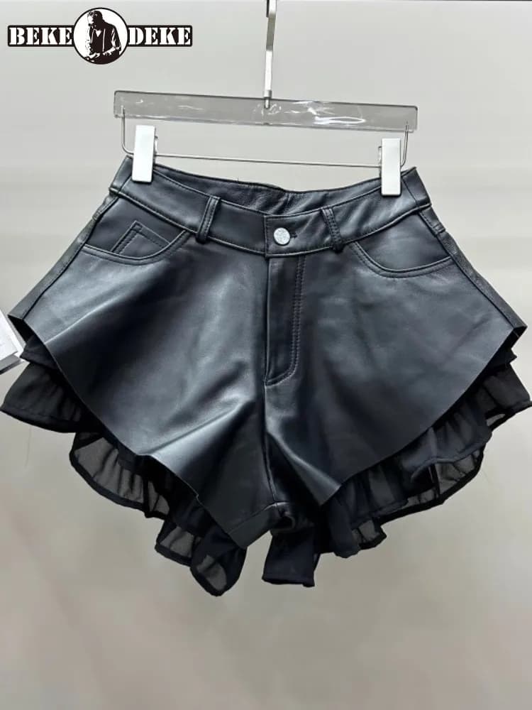 High Waist Women Sheepskin Genuine Leather Shorts Fashion Patchwork Wide Leg Mini Trousers Ladies Nightclub Party Sexy Shorts