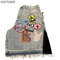 IOOTIANY Y2k Cartoon Embroidery Jorts Man Women Harajuku Streetwear Retro Patchwork Denim Shorts Jeans Baggy Shorts Oversized