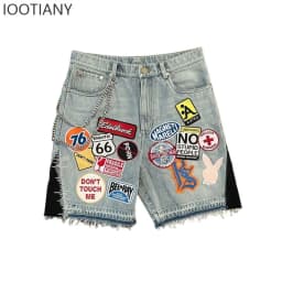 IOOTIANY Y2k Cartoon Embroidery Jorts Man Women Harajuku Streetwear Retro Patchwork Denim Shorts Jeans Baggy Shorts Oversized