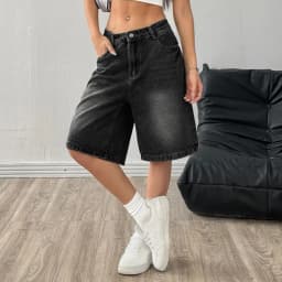 Women's Casual Bermuda Jean Shorts High Waisted Knee Length Baggy Jorts Wide Leg Breathable Loose Denim Shorts with Pockets