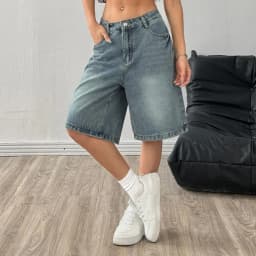 Women's Casual Bermuda Jean Shorts High Waisted Knee Length Baggy Jorts Wide Leg Breathable Loose Denim Shorts with Pockets