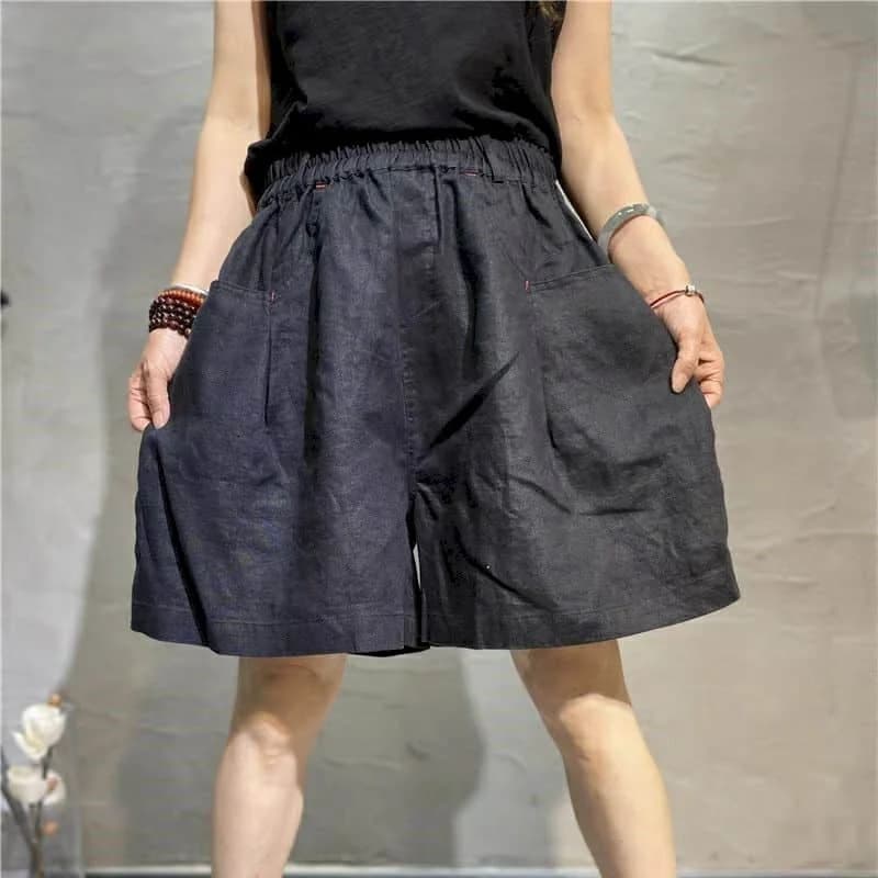 Cotton Linen Shorts Women Summer  Vintage Elastic Waist Wide Leg Pants Casual Loose Oversized Five-point Shorts Women Clothing