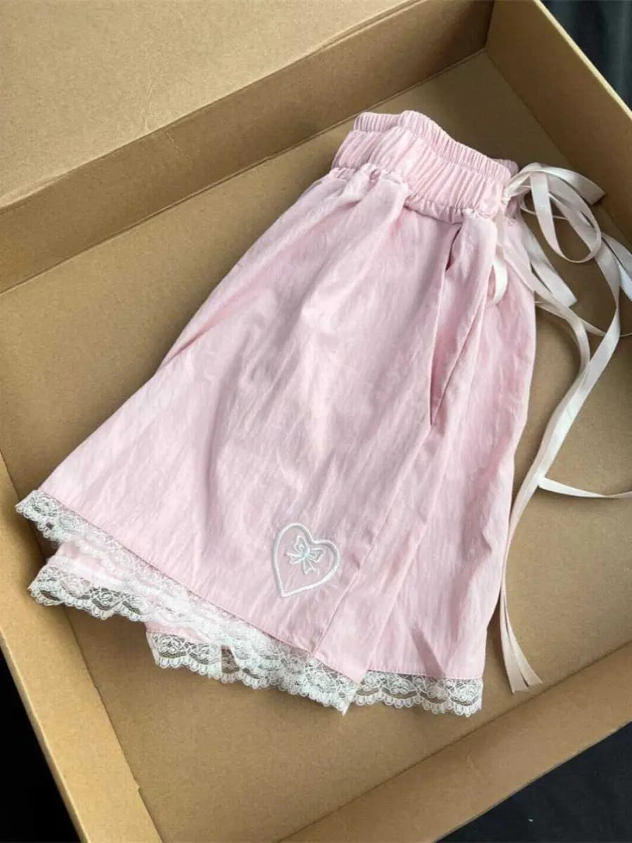 Lace lace-up shorts for women in 2025 sweet elastic high-waisted loose versatile and casual wide-leg pants
