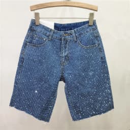 Denim Shorts Women Short Pants Diamonds High Waist Distressed Washed Y2k Punk Knee Length Streetwear Summer 2025 Straight Jeans