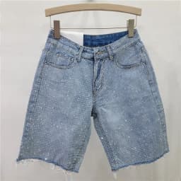 Denim Shorts Women Short Pants Diamonds High Waist Distressed Washed Y2k Punk Knee Length Streetwear Summer 2025 Straight Jeans