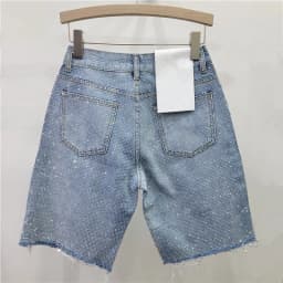 Denim Shorts Women Short Pants Diamonds High Waist Distressed Washed Y2k Punk Knee Length Streetwear Summer 2025 Straight Jeans