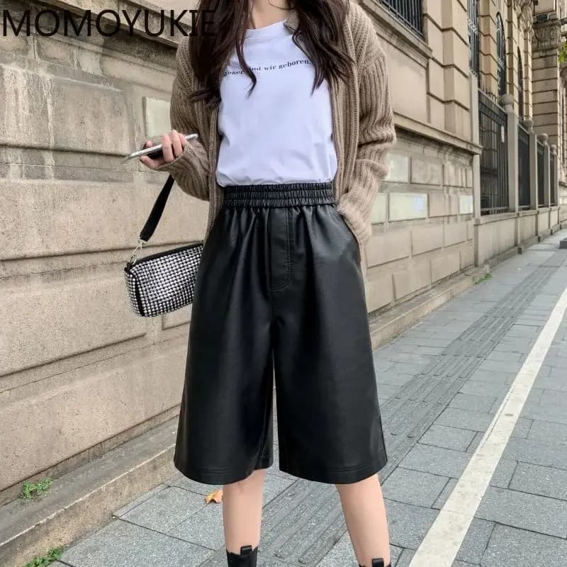 S-3XL PU Leather Shorts Women's Autumn Winter New 2021 High Waist Elastic Loose Five Points Leather Trouser Clothes Shorts