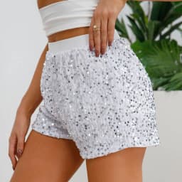 Women Fashion Sequined Mini Shorts High Waist Beading Solid Gliiter Dancing Shorts Clubwear Rave Performance Costumes Hot Pants