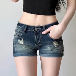 Summer Women Hole Denim Shorts Sexy Low Waist Slim Fit Hot Rhinestones Short Jeans Woman Retro Y2K Streetwear Roll Up Hem Shorts