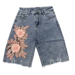 KUCLUT 2026 Summer New Fashion Heavy Beaded 3D Flower Design Denim Shorts For Women High Waist Five-Point Pants Female 1A2287