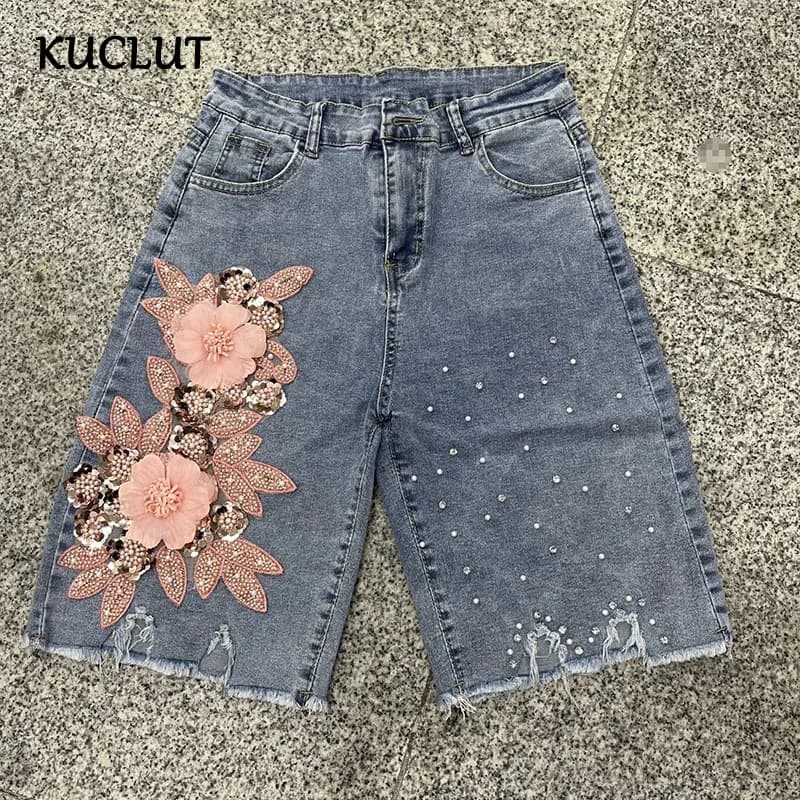 KUCLUT 2026 Summer New Fashion Heavy Beaded 3D Flower Design Denim Shorts For Women High Waist Five-Point Pants Female 1A2287