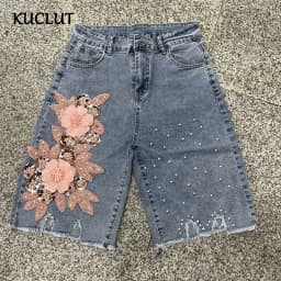 KUCLUT 2026 Summer New Fashion Heavy Beaded 3D Flower Design Denim Shorts For Women High Waist Five-Point Pants Female 1A2287