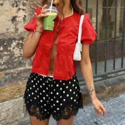 Combhasaki Women's Summer Satin Silk Mini Skorts Y2k Vintage Dot Print Eyelash Floral Lace Hem Patchwork Wide Leg Silky Shorts