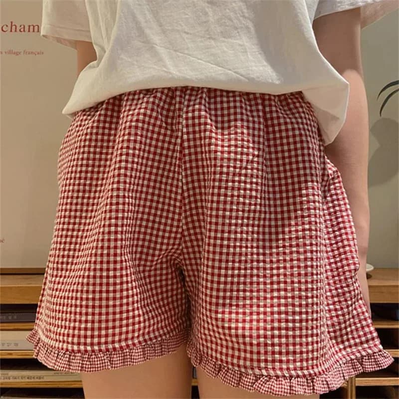Y2k Shorts Womens Plaid Ruffle Lounge Shorts Gingham Print Casual Pajama Shorts Cute Striped Checkered Sleep Pj Bottom