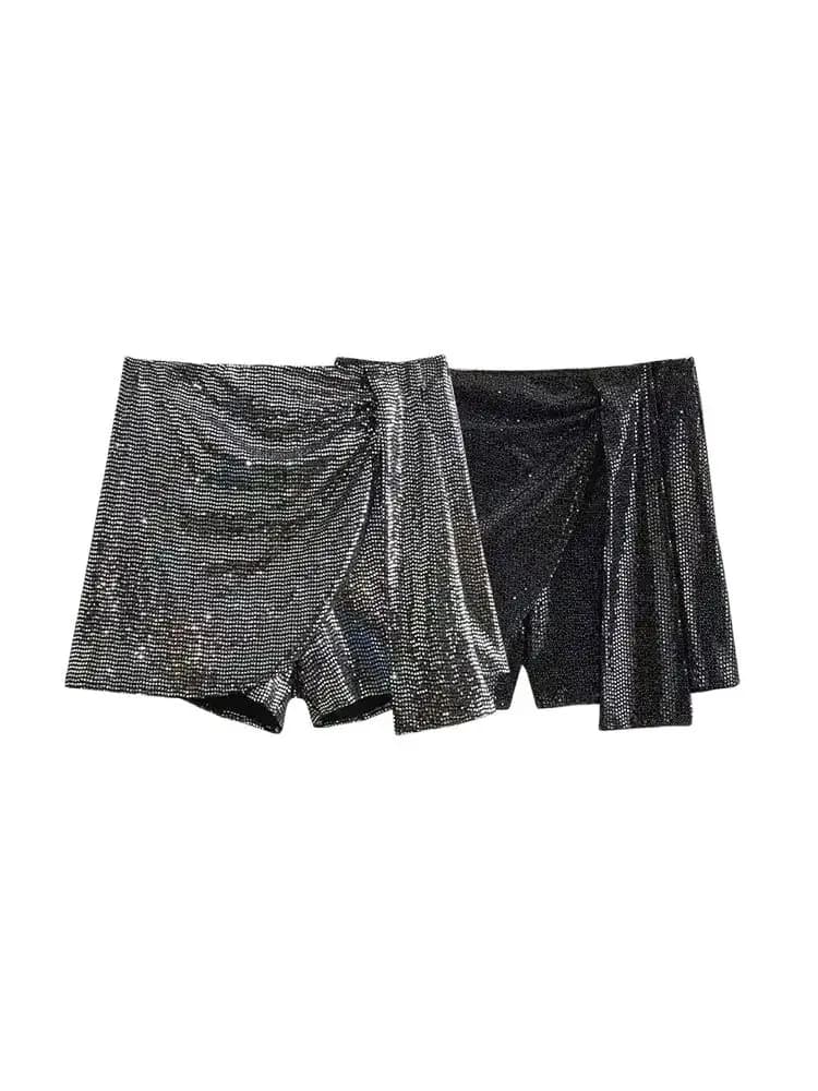Women's Knotted Sequin Shorts Skirts, High Waist, Side Zipper, Female Skort,Fashion